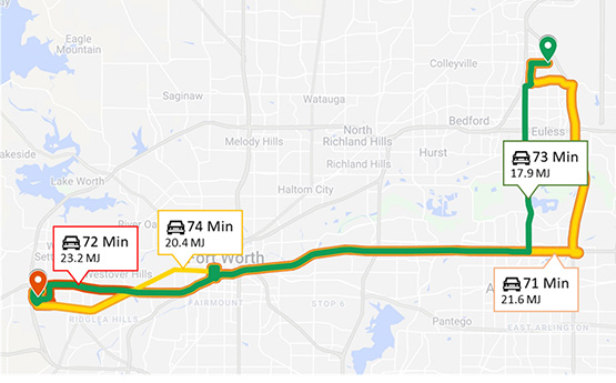 A GPS map showing four different routes ranging from 74 minutes - 71 minutes in length. 