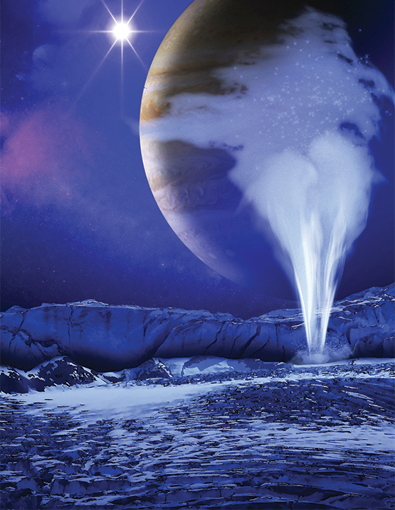 Artist concept of how a plume of water vapor ejected from the icy surface of the Jovian moon Europa might look