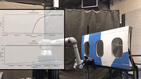 animation of force controlled cobot sanding aircraft panel