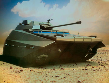 Artist rendition of a future combat vehicle in a desert environment