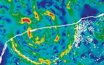 Ggravity anomaly data map showing blue, green, yellow and red areas