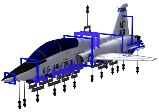 Hydraulic jacks simulate loads on aircraft