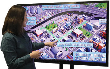 Over head view of incident response of a city district on a screen 