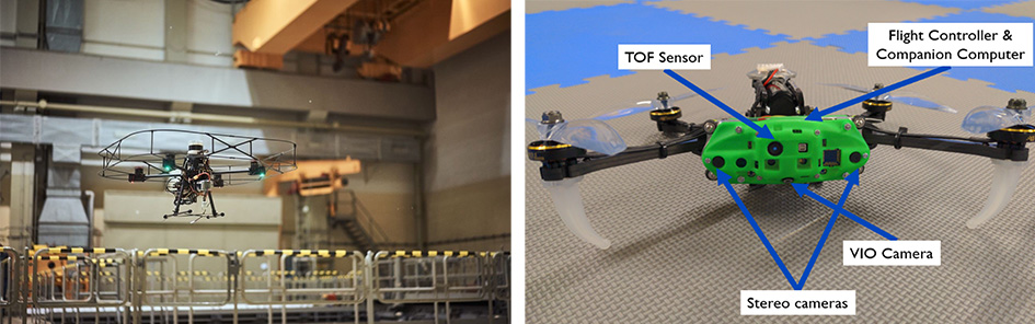Two images. Left has a floating drone, right has a drone on the floor with labels pointing to different sections including TOF sensor, flight controller, VIO Camera, and Stereo camera