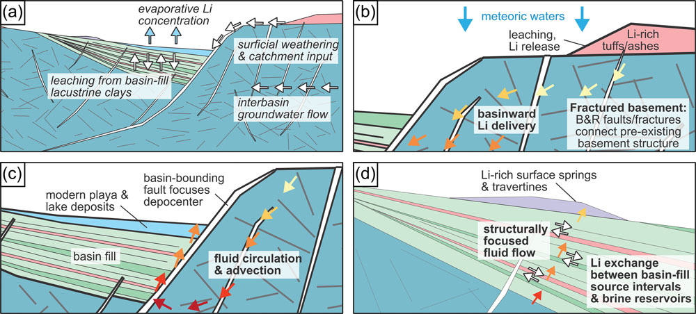 Schematic conceptual model showing how lithium is leached from rocks and trasported by water