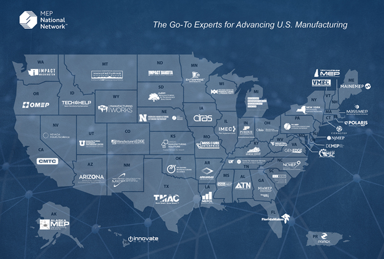 map of united states with logos for each state's manufacturing assistance program