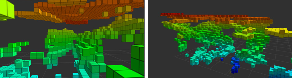 Two images - left has orange, green and blue colored blocks in a gray 3d landscape that cover most of the image. Right also has orange, green and blue colored blocks in a gray 3d landscape that covers less of the image. 