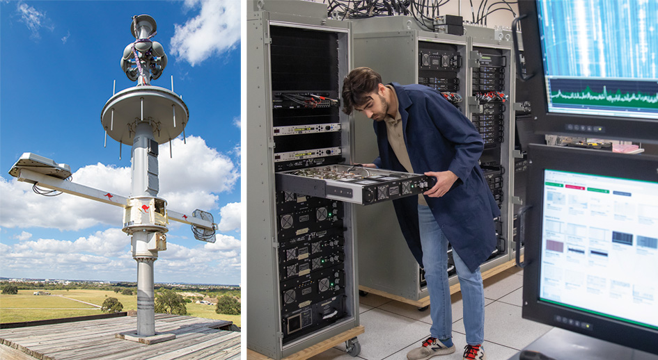Two images. Left is an antenna in an outdoor setting, right is a man looking over signal processing equipment in an indoor data facility.
