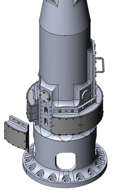 For the final design, the elements individually mated to the bolt-hole pattern on the existing antenna mast abandoned after a previous retrofit.