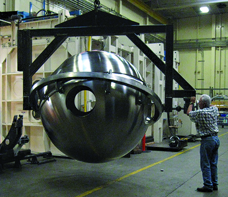 Sphere mounted for electron beam welding.