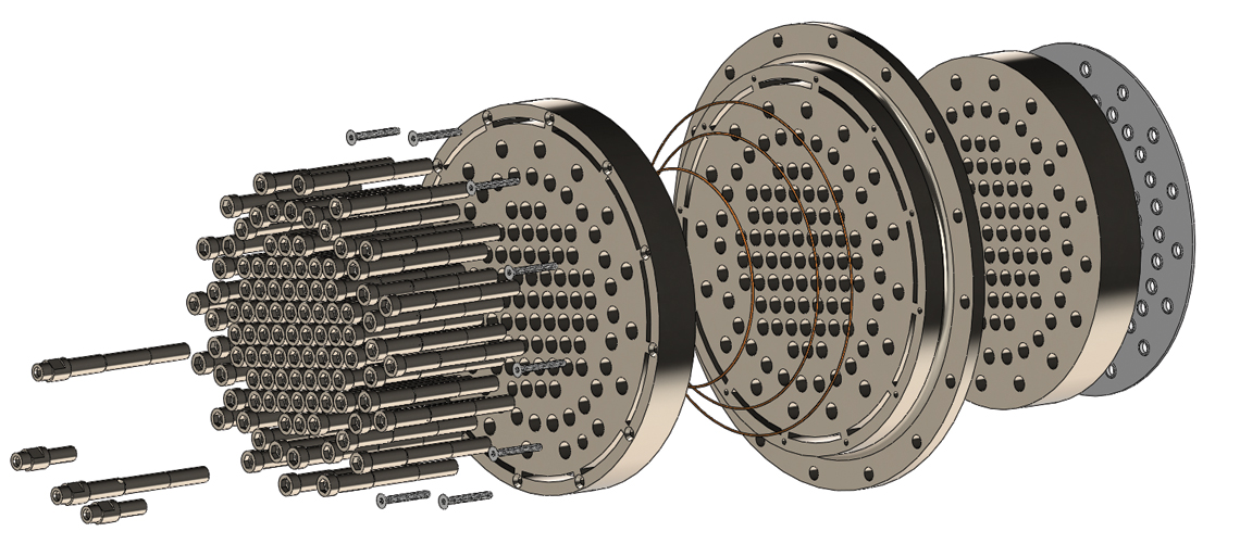 Engineering drawing showing the internal complexity of SwRI's novel multi-bank, micro-mix injector