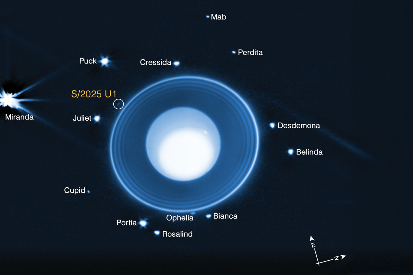 Image of moon orbiting Uranus with moons and satellites labeled