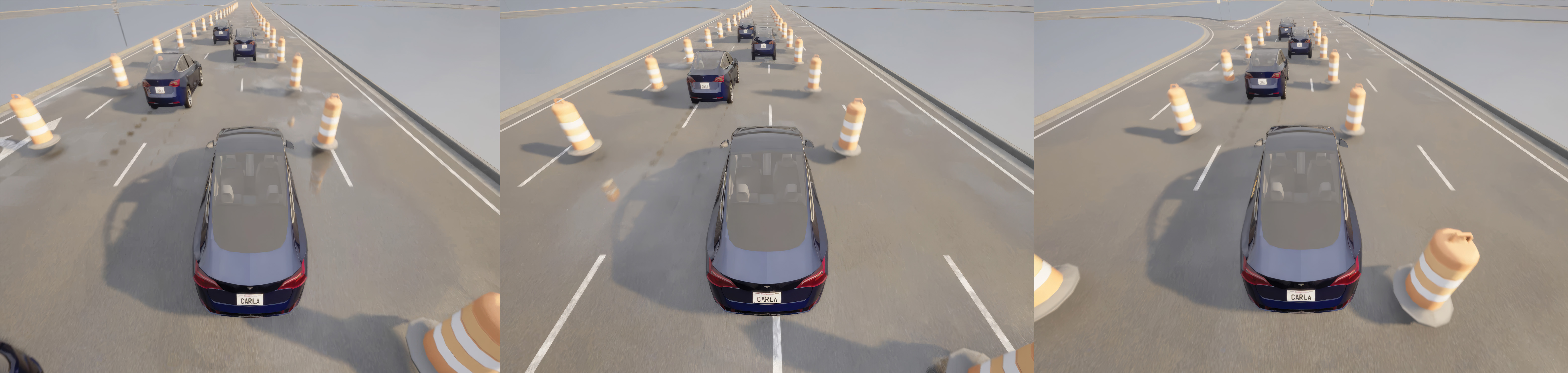 Three images horizontally each a snapshot of merge-assist algorithm emulates race-car driving