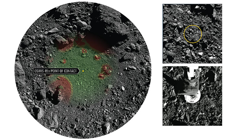 3 different images showing the location of contact on OSIRIS-REx