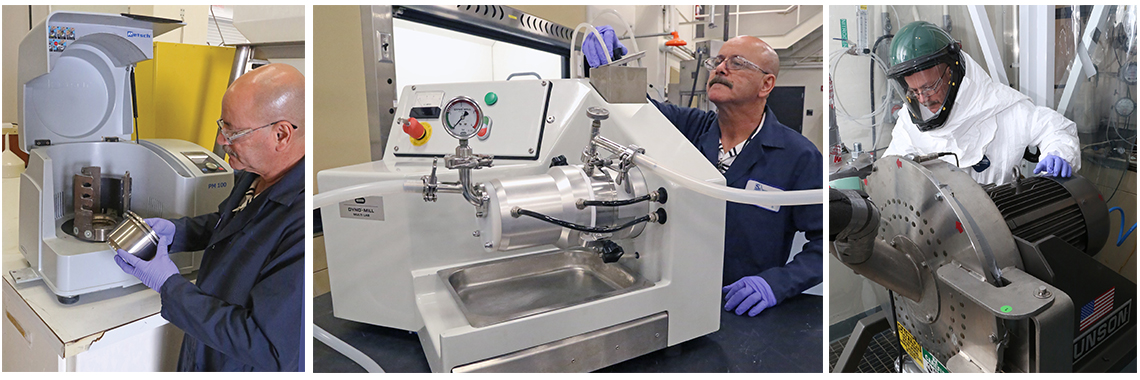 Collage of pictures showing chemist working with particle mills