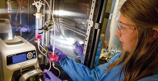 Scientist inspecting the perfusion controller system in a laboratory