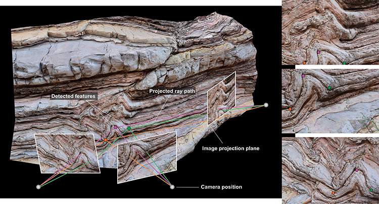 Computer image of digital photogrammetry using pixel searching algorithms to locate common points or features in multiple overlapping images.