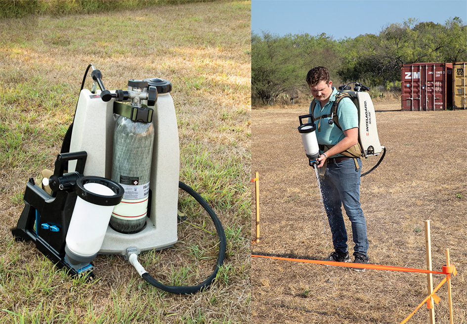 Two images. One showing a portable spray you can wear on your back, the other showing a man with the portable spray attached to his back and the spray in his hands. He is spraying the anti-traction material on the ground. 