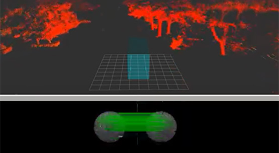 A vehicle’s autonomy stack features lidar point cloud data (red) for navigation and object detection in conjunction with Ranger for localization (green)
