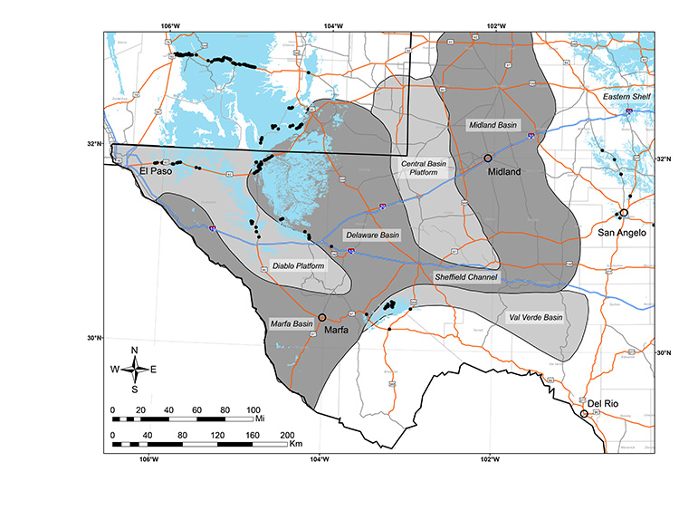 This regional map of West Texas and southeast New Mexico shows the location of Midland Basin, Delaware Basin and Marfa Basin within the overall Permian Basin complex.