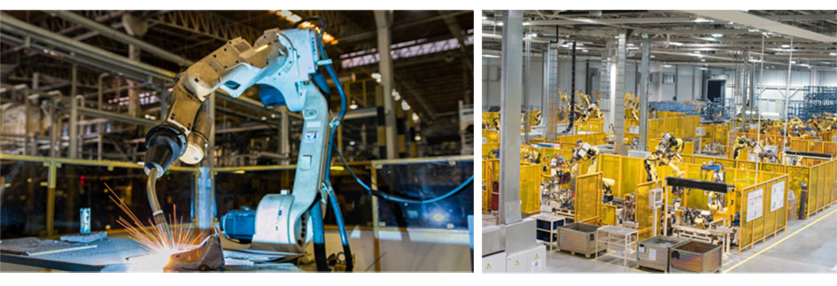 Robot welding automotive part and an indoor factory