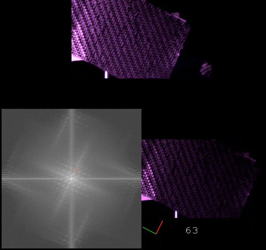 on-screen output of a captured image, the FFT, and the resulting fiber angle during a test with UV illumination of the prepreg material