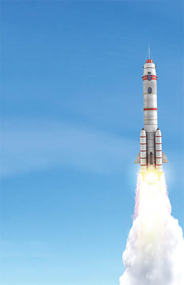 a rocket launching into blue sky, with a large exhaust plume below