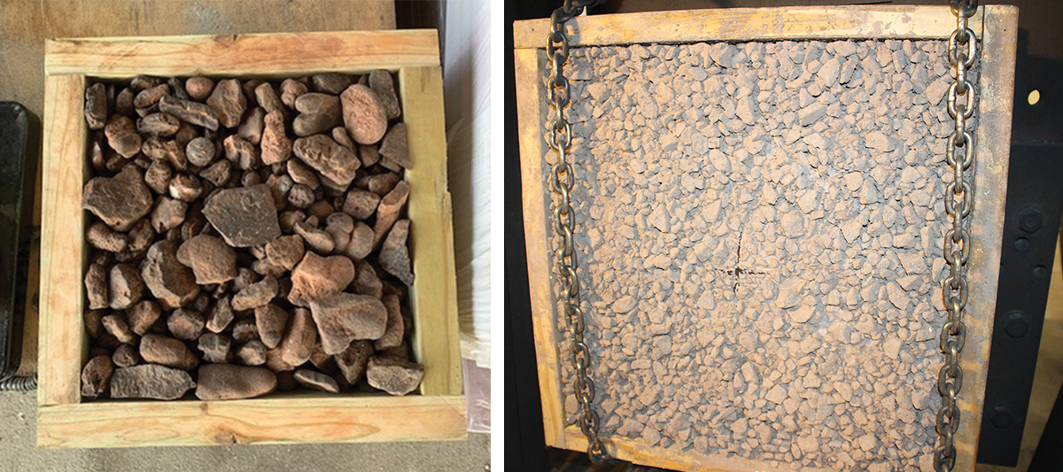Before and after of rocks in a wooden frame with cement