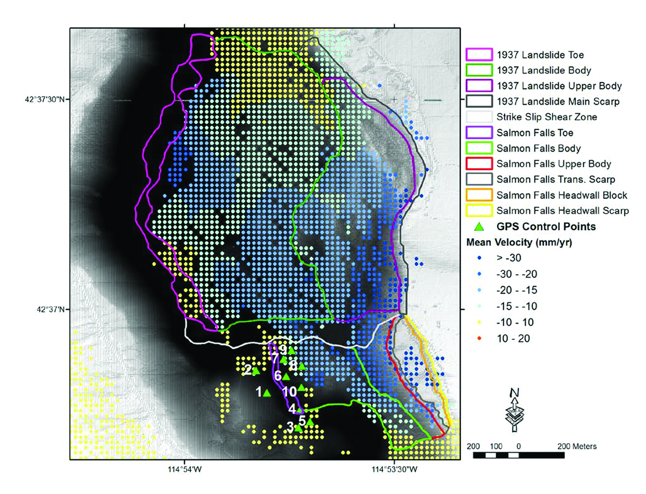 SBAS reference points superimposed over 1937 landslide complexes