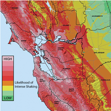 Map illustrating the expected levels of shaking in the San Francisco Bay area