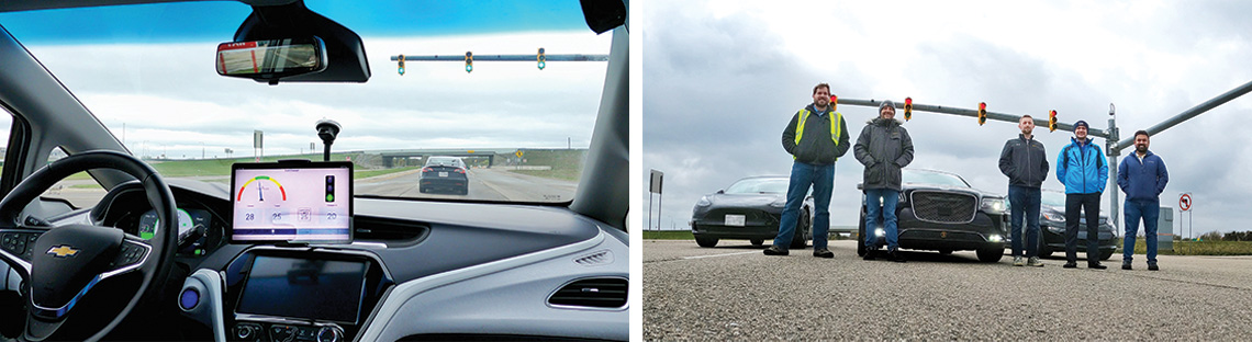 Two images. Left show the inside of a car with a screen on the dashboard that displays a traffic light and gauge. Right shows five men standing outside near a traffic stop in front of three eco-driving-enabled vehicles.