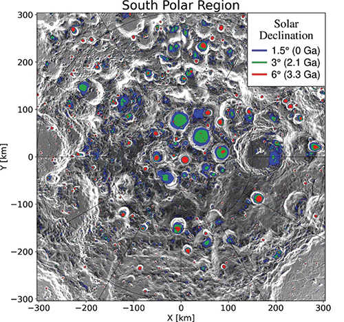 Colored deposits show the extent of PSRs 3.3 billion years ago (red), 2.1 billion years ago (green) and close to present-day (blue) with current Moon topography.