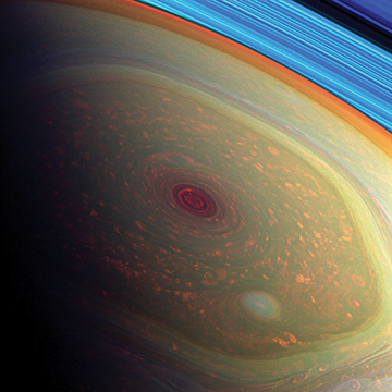 Enhanced image of storms at Saturn's North Pole