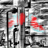 black and white image with red and blue plumes of gas shown