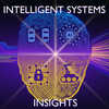 Digitized outline of the brain divided into four sections depicting car networks, AI, security and robotics with the words Intelligent Systems Insights
