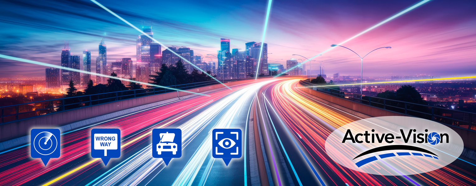 Active-Vision Hero image with blurred cars on a highway as the background and four blue icons depicting traffic.