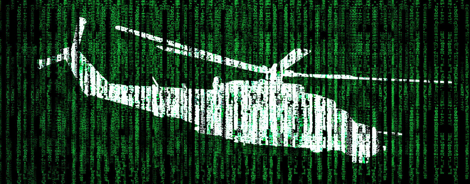 Green lines of encrypted code with a white helicopter imposed on top