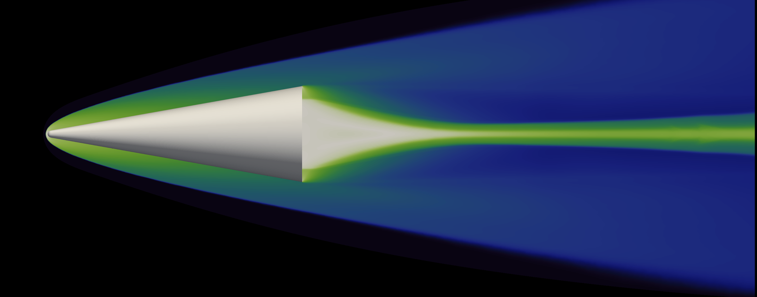 Hypersonics Research silver cone graphic with green flare and blue triangle background