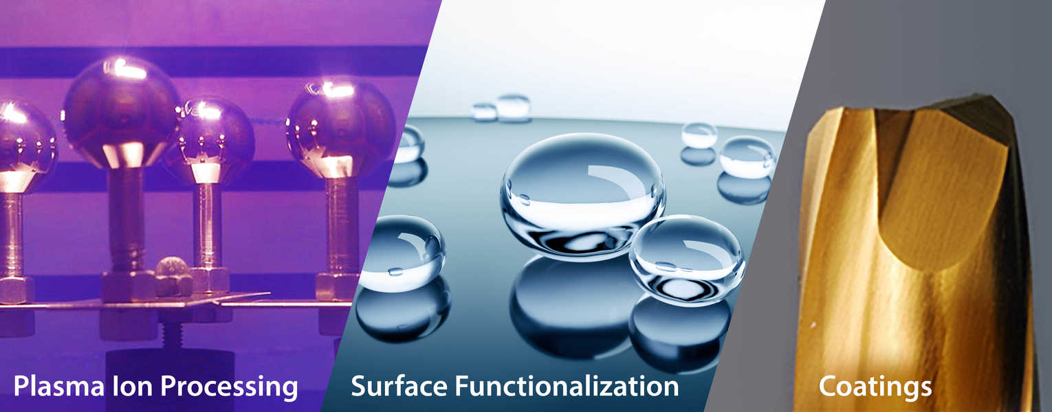 Three panel image showing from left to right plasma ion processing, surface functionalization, and coatings