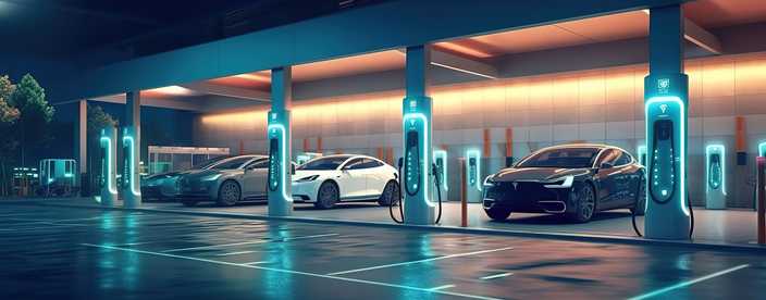 electric vehicles at charging stations at night