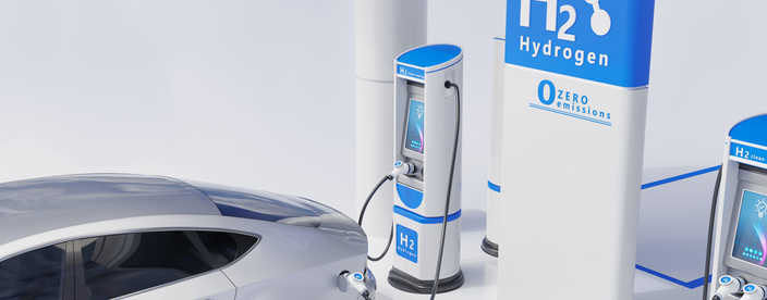 graphic depicting car being charged with a pump labeled H2 Hydrogen