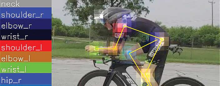 man on a bicycle with biomechanical data overlayed