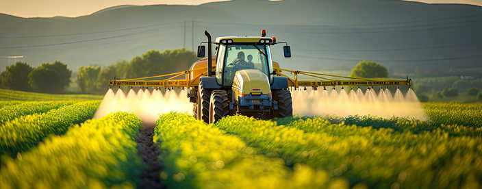 Tractor spraying pesticides in soybean field during springtime
