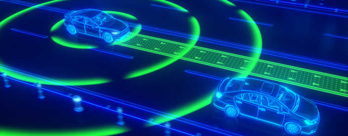 Blue background with highlighted outlines of cars on road, with green circular lines representing sensors emitting from the cars.