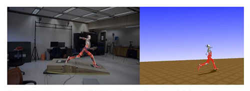 (left) inverse kinematics pose of the musculoskeletal model overlaid on the raw image. (right) the musculoskeletal model in 3D space