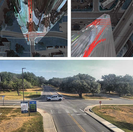 Three images. First one show traffic camera view of four way stop. Second image shows a different angle of traffic camera view of a highway. Third one shows a normal view of a four way stop.