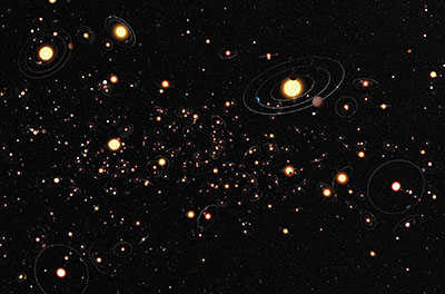 Artist impression of multiple star-exoplanet systems in space