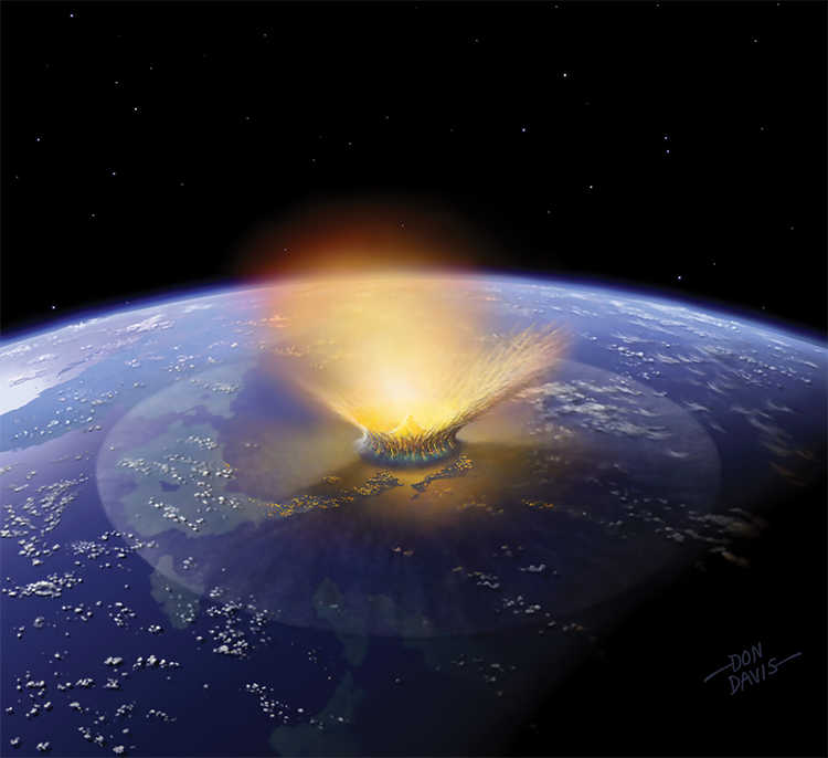 artistic rendering of dinosaur-killing asteroid striking earth