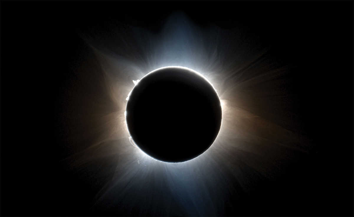 false color, polarized image of the solar corona during the 2023 total solar eclipse viewed from Exmouth, Western Australia