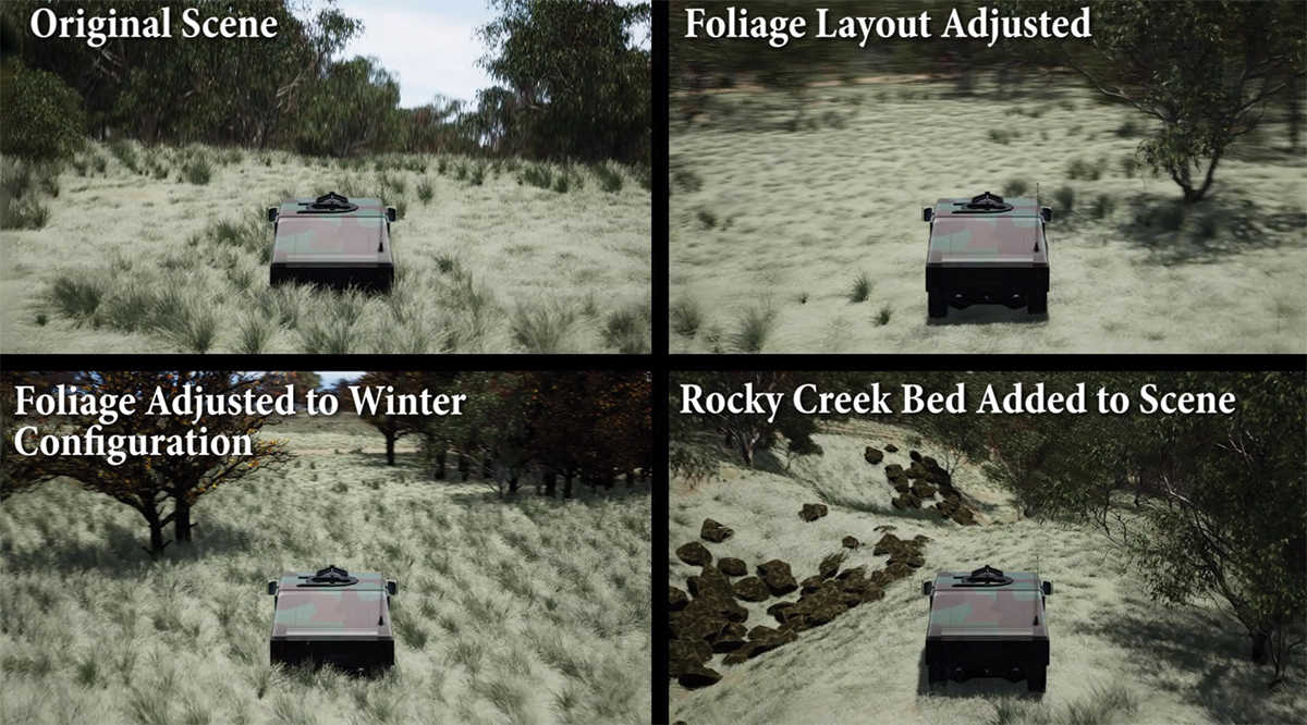 series of 4 panels showing different ground cover, simulating grass, foliage or rocks to virtually test military automated ground vehicles